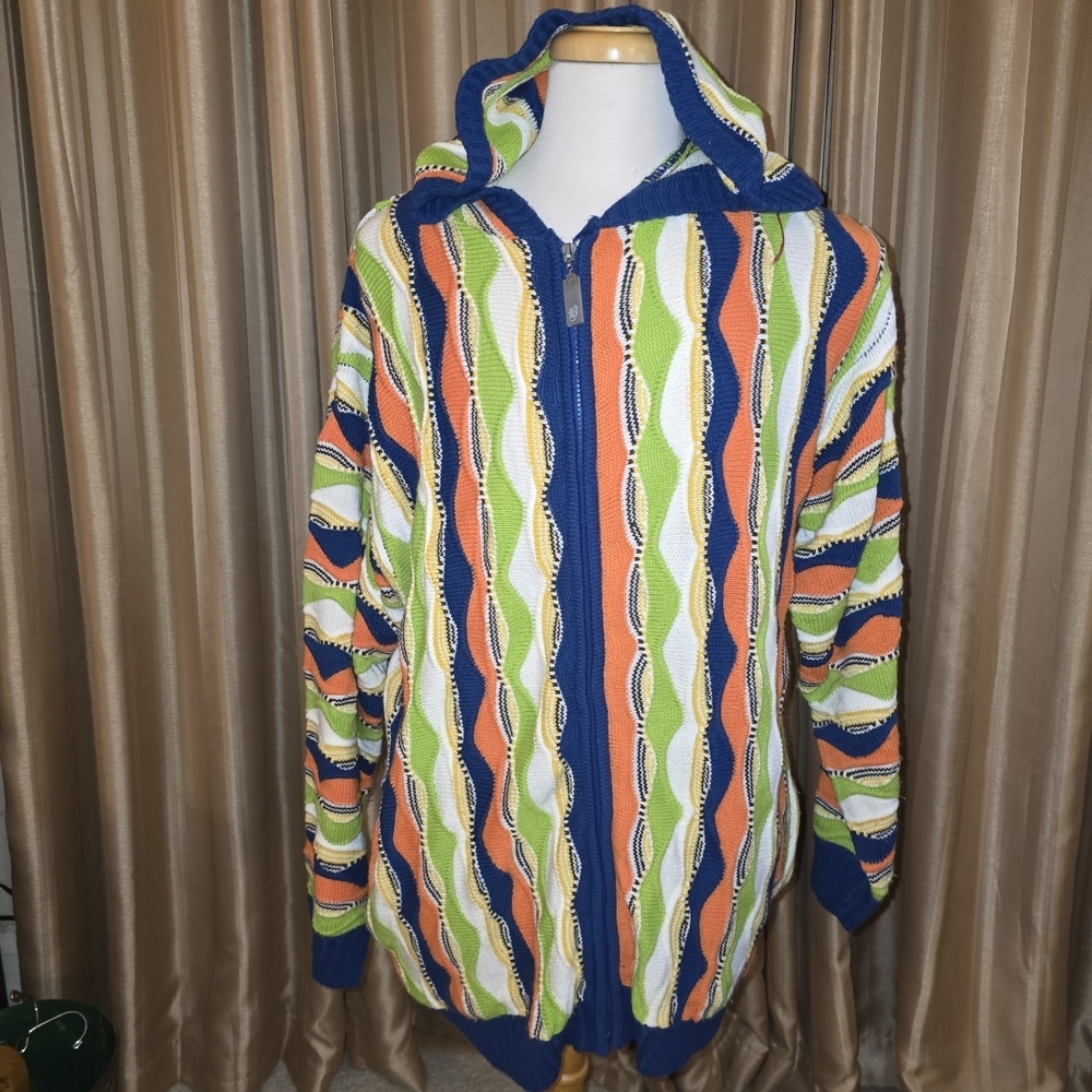 Bluez Vintage Vibrant Striped Zip-Up Men's Sweater Size XL